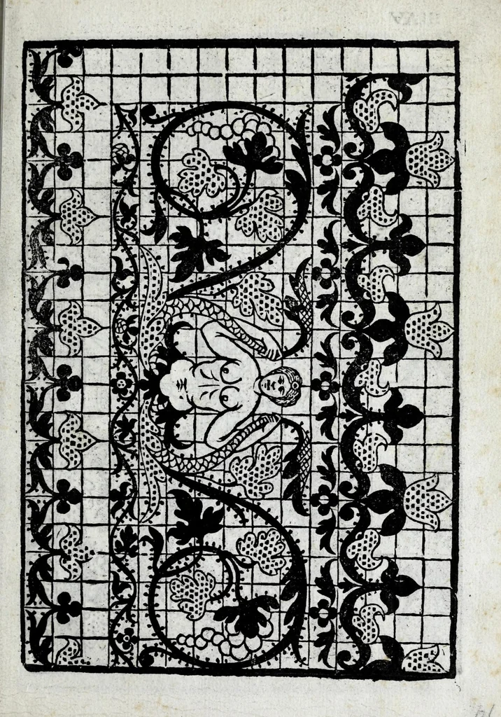An illustration from La gloria e l'honore de ponti tagliati, e ponti in aere, & ponti in stiora a fogliami : opera noua, et con somma diligentia posta in luce, 1563, leaf 21