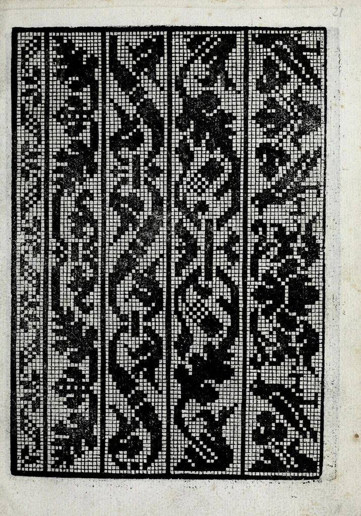 An illustration from La gloria e l'honore de ponti tagliati, e ponti in aere, & ponti in stiora a fogliami : opera noua, et con somma diligentia posta in luce, 1563, leaf 27
