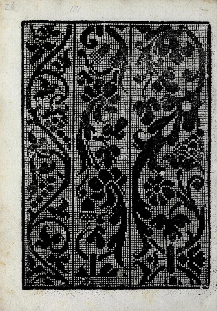 An illustration from La gloria e l'honore de ponti tagliati, e ponti in aere, & ponti in stiora a fogliami : opera noua, et con somma diligentia posta in luce, 1563, leaf 32