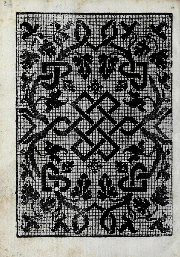 An illustration from La gloria e l'honore de ponti tagliati, e ponti in aere, & ponti in stiora a fogliami : opera noua, et con somma diligentia posta in luce, 1563, leaf 34
