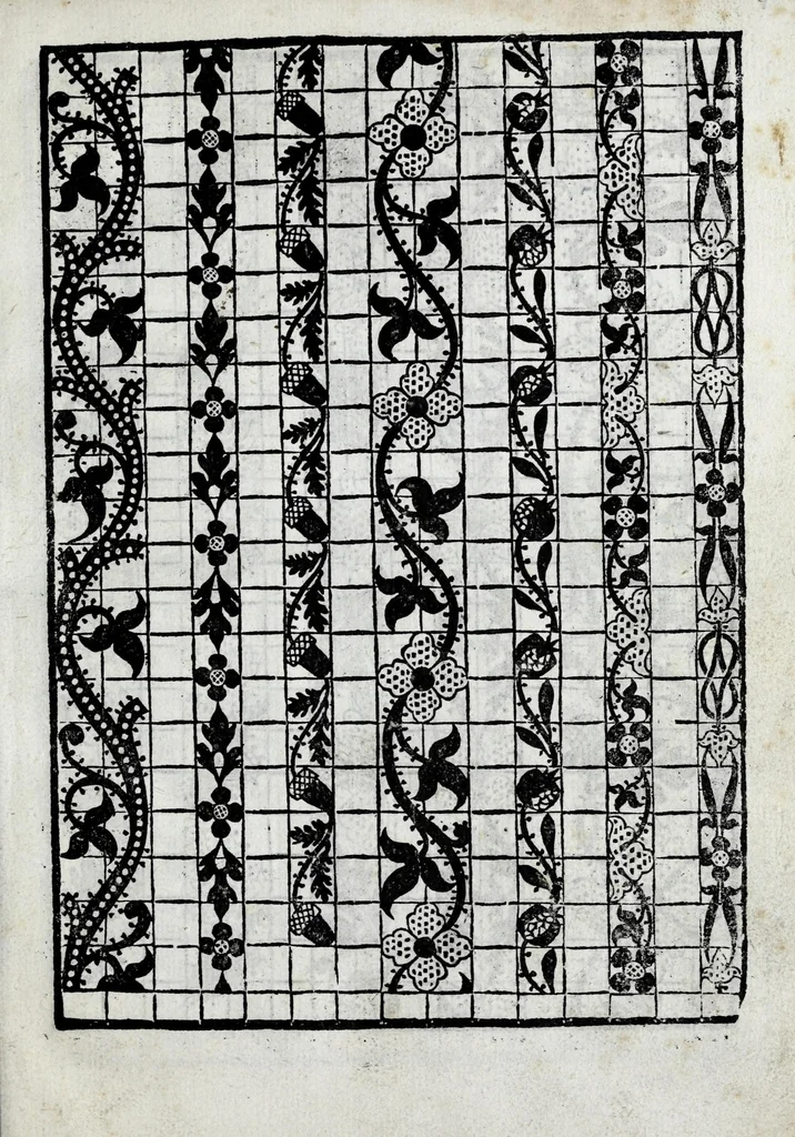 An illustration from La gloria e l'honore de ponti tagliati, e ponti in aere, & ponti in stiora a fogliami : opera noua, et con somma diligentia posta in luce, 1563, leaf 7