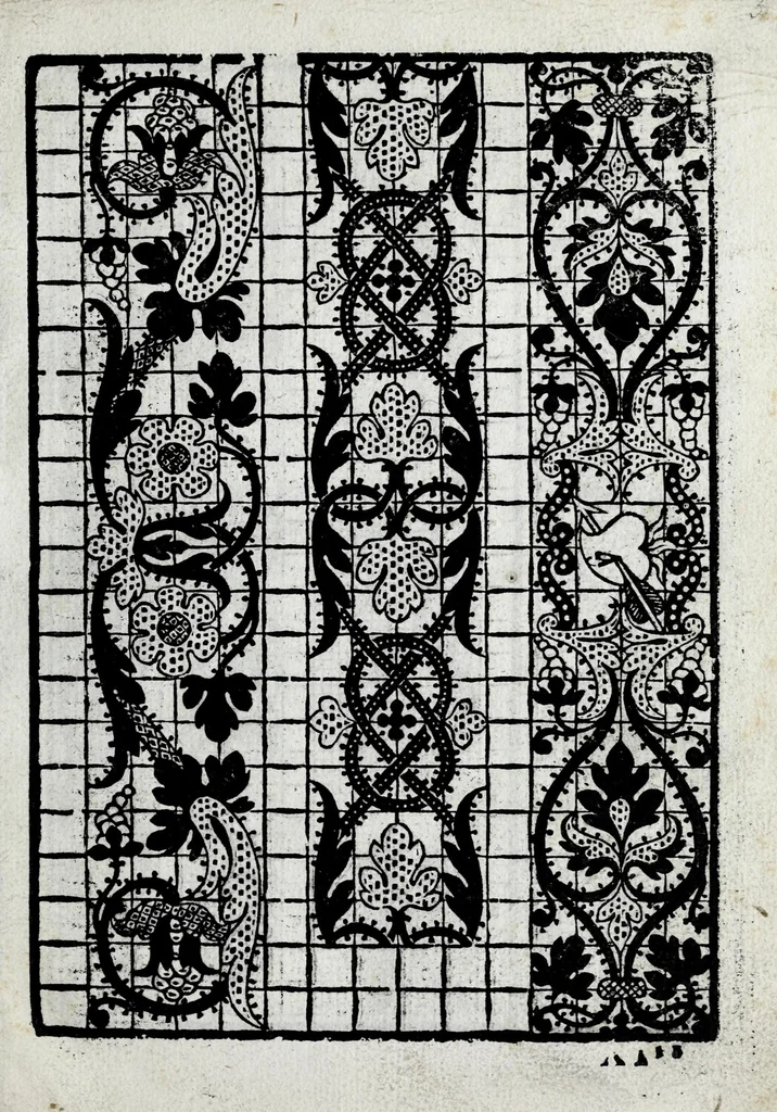 An illustration from La gloria e l'honore de ponti tagliati, e ponti in aere, & ponti in stiora a fogliami : opera noua, et con somma diligentia posta in luce, 1563, leaf 9