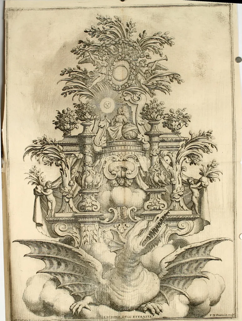 An illustration from La gloria e'l tempo festeggianti la nascita del Serenissimo Principe di Modana : armeggiamento a cavallo fatto alla presenza delle Serme. Altezze di Parma, & c. nel teatro eretto innanzi al ducal palazzo nel mese di febbrajo l'anno 1700, 1700, leaf 23