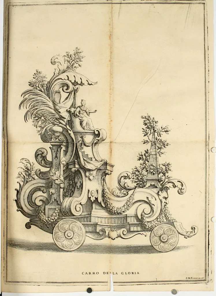 An illustration from La gloria e'l tempo festeggianti la nascita del Serenissimo Principe di Modana : armeggiamento a cavallo fatto alla presenza delle Serme. Altezze di Parma, & c. nel teatro eretto innanzi al ducal palazzo nel mese di febbrajo l'anno 1700, 1700, leaf 9