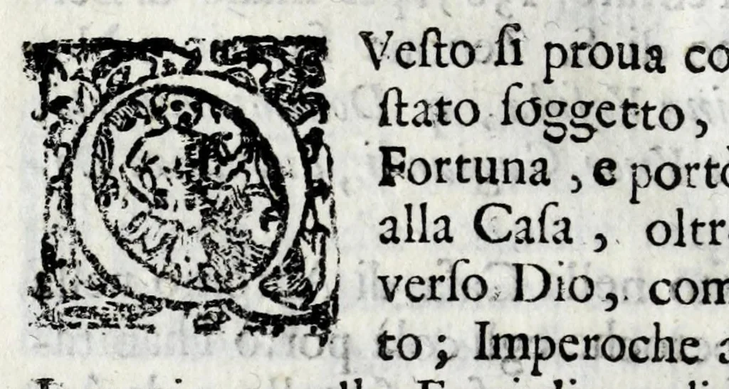 An illustration from Lago, fortezza, e rocca di Garda e Gardesana : con la genealogia de gli antichi signori di Garda, hora detti Carlotti : nobili di Verona, marchesi di Riperbella nella Toscana, baroni di Cesterol, e di Villanoua, e signori di Masuquies, Cailà, e S. Giouanni, nella lingua d'Occa, 1679, leaf 122