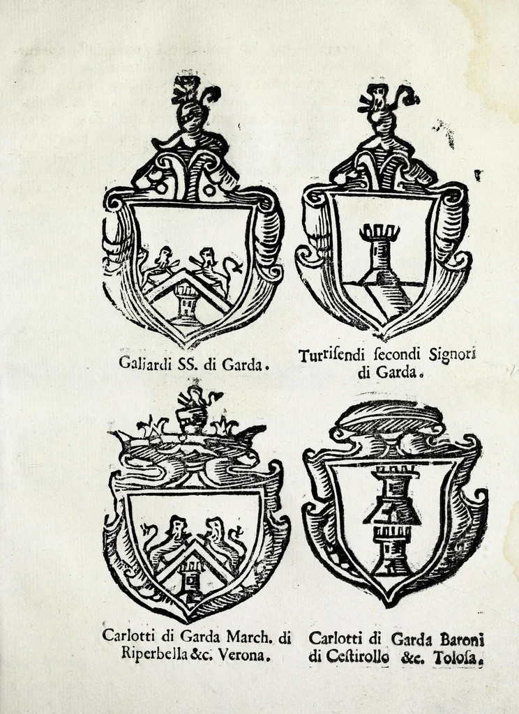 An illustration from Lago, fortezza, e rocca di Garda e Gardesana : con la genealogia de gli antichi signori di Garda, hora detti Carlotti : nobili di Verona, marchesi di Riperbella nella Toscana, baroni di Cesterol, e di Villanoua, e signori di Masuquies, Cailà, e S. Giouanni, nella lingua d'Occa, 1679, leaf 65