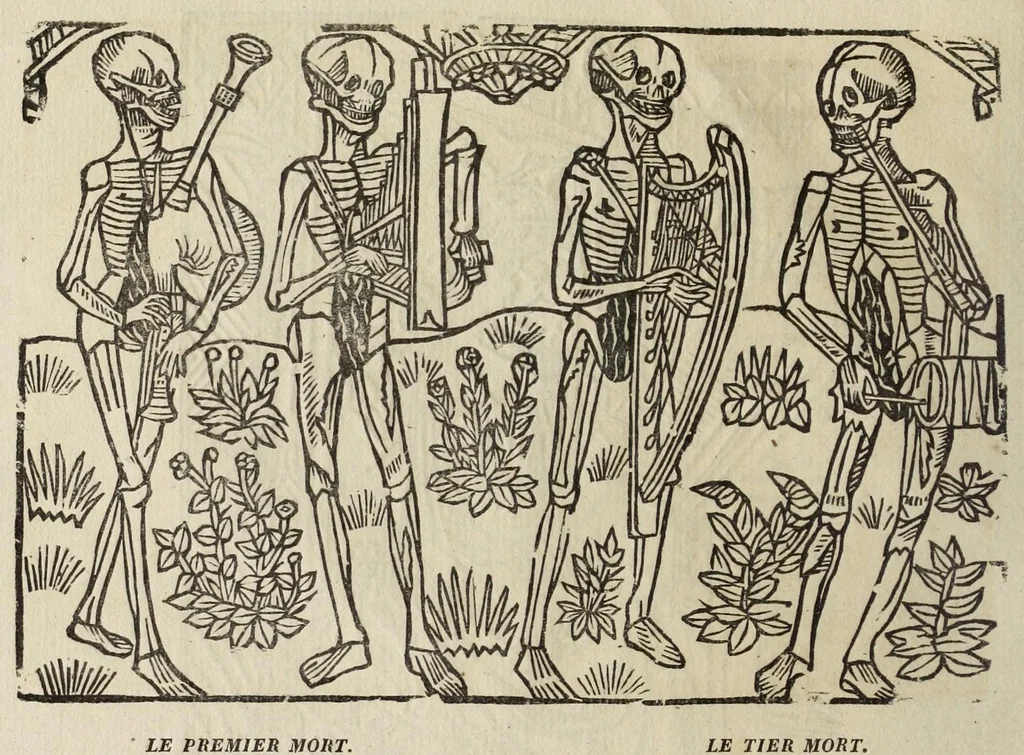 An illustration from La grande danse Macabre des hommes et des femmes : précédée du dict des trois mors et dfs trois vifz, du Débat du corps et de l'âme, et de La complaincte de l'ame dampnée, 1862, leaf 10