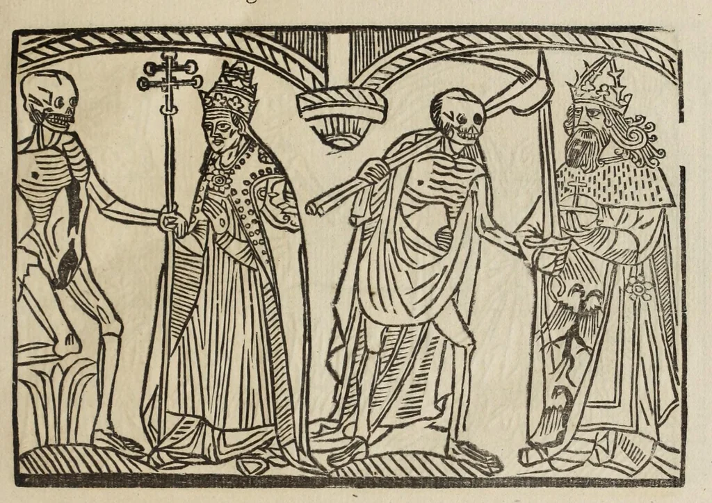 An illustration from La grande danse Macabre des hommes et des femmes : précédée du dict des trois mors et dfs trois vifz, du Débat du corps et de l'âme, et de La complaincte de l'ame dampnée, 1862, leaf 11