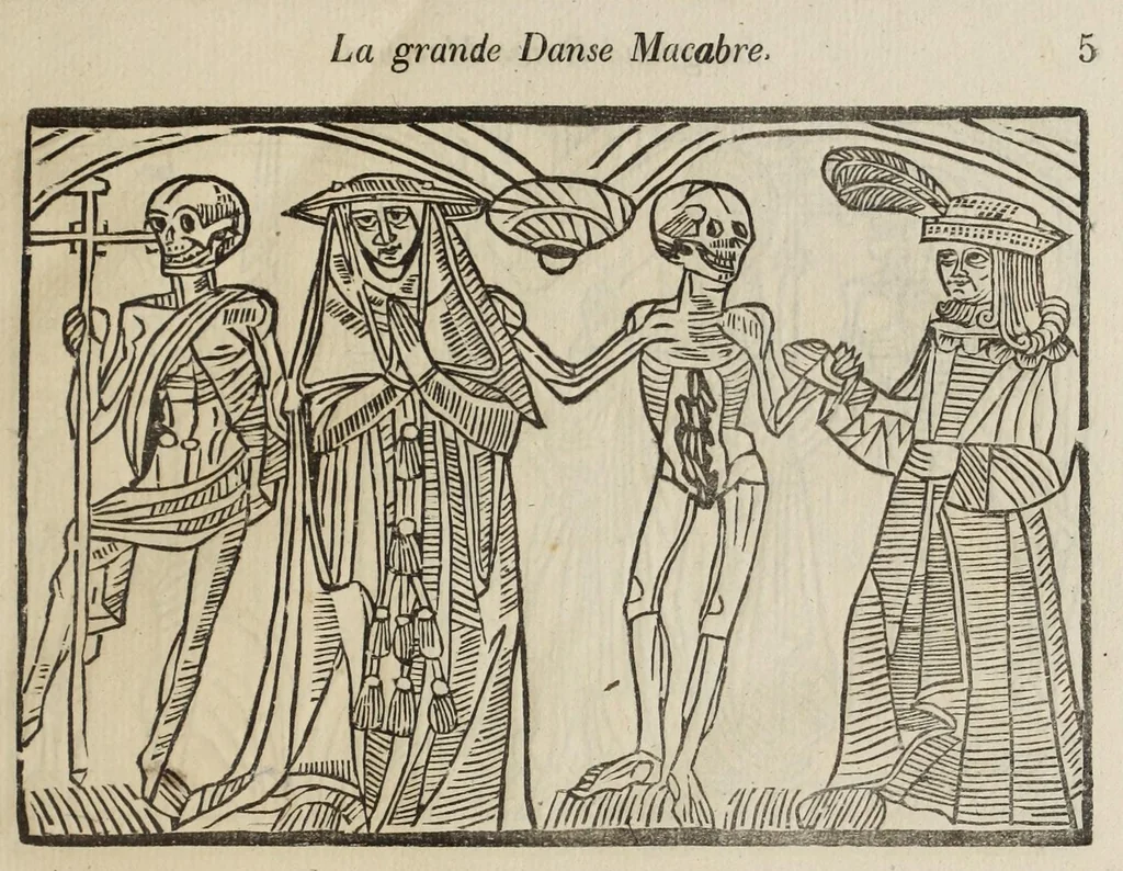 An illustration from La grande danse Macabre des hommes et des femmes : précédée du dict des trois mors et dfs trois vifz, du Débat du corps et de l'âme, et de La complaincte de l'ame dampnée, 1862, leaf 13