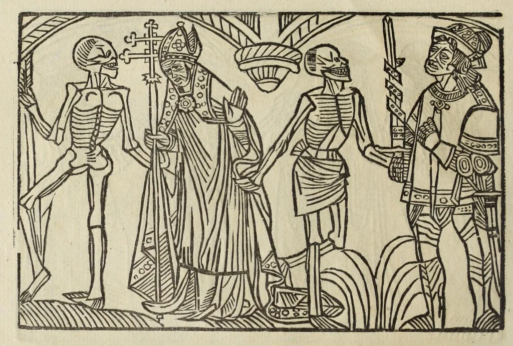 An illustration from La grande danse Macabre des hommes et des femmes : précédée du dict des trois mors et dfs trois vifz, du Débat du corps et de l'âme, et de La complaincte de l'ame dampnée, 1862, leaf 14