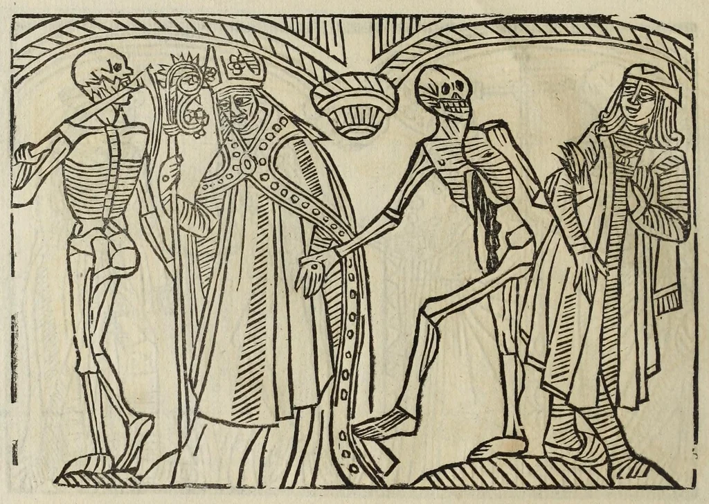 An illustration from La grande danse Macabre des hommes et des femmes : précédée du dict des trois mors et dfs trois vifz, du Débat du corps et de l'âme, et de La complaincte de l'ame dampnée, 1862, leaf 16