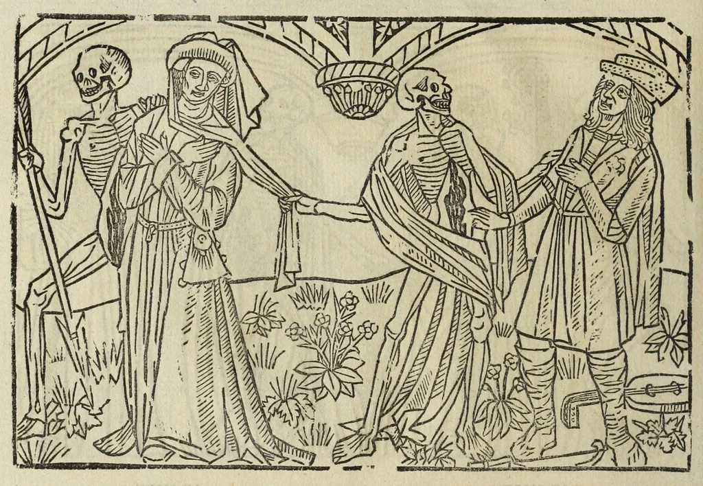 An illustration from La grande danse Macabre des hommes et des femmes : précédée du dict des trois mors et dfs trois vifz, du Débat du corps et de l'âme, et de La complaincte de l'ame dampnée, 1862, leaf 18