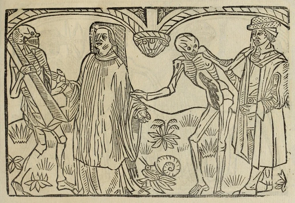 An illustration from La grande danse Macabre des hommes et des femmes : précédée du dict des trois mors et dfs trois vifz, du Débat du corps et de l'âme, et de La complaincte de l'ame dampnée, 1862, leaf 19