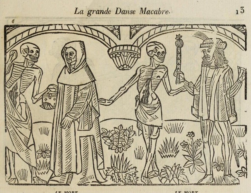 An illustration from La grande danse Macabre des hommes et des femmes : précédée du dict des trois mors et dfs trois vifz, du Débat du corps et de l'âme, et de La complaincte de l'ame dampnée, 1862, leaf 21