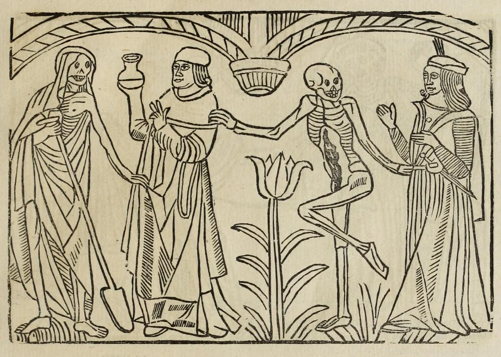 An illustration from La grande danse Macabre des hommes et des femmes : précédée du dict des trois mors et dfs trois vifz, du Débat du corps et de l'âme, et de La complaincte de l'ame dampnée, 1862, leaf 23