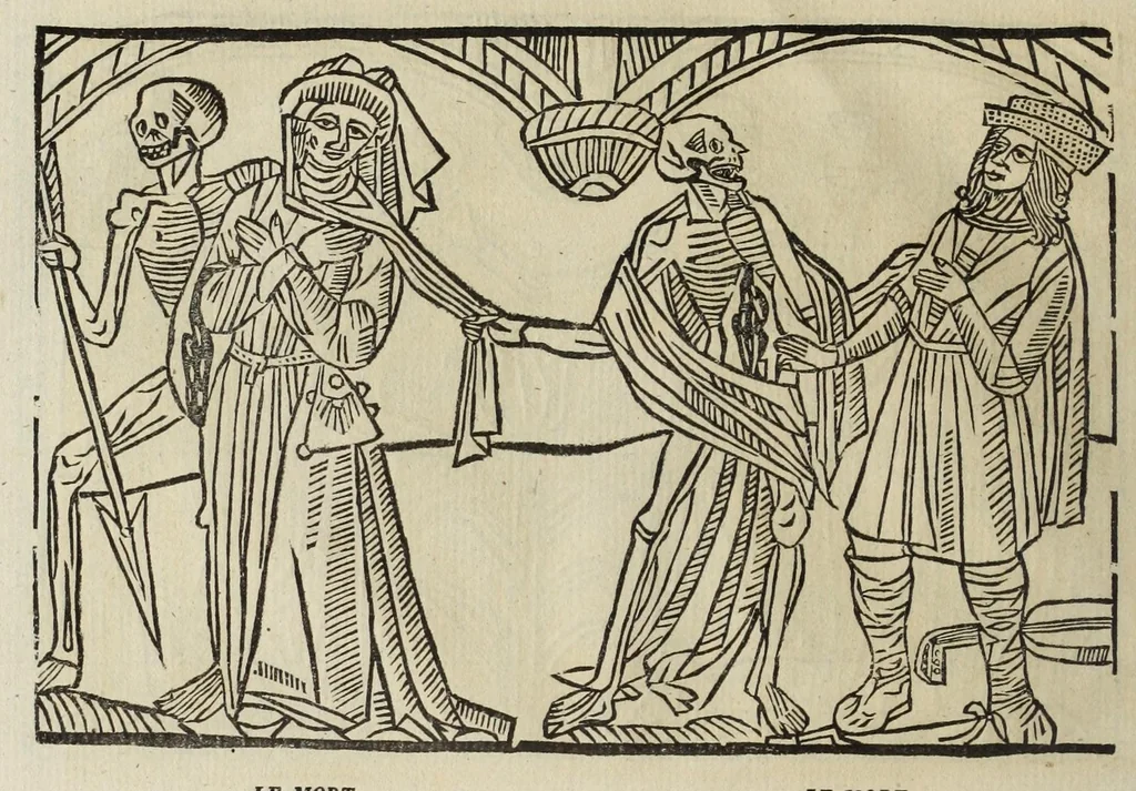 An illustration from La grande danse Macabre des hommes et des femmes : précédée du dict des trois mors et dfs trois vifz, du Débat du corps et de l'âme, et de La complaincte de l'ame dampnée, 1862, leaf 24