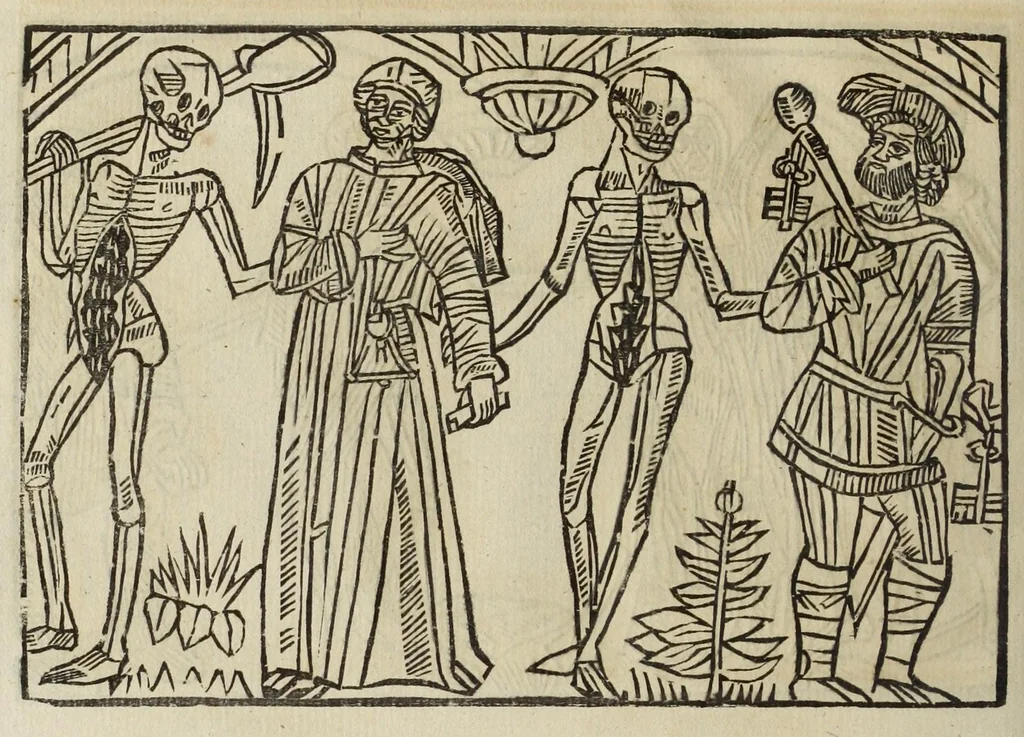 An illustration from La grande danse Macabre des hommes et des femmes : précédée du dict des trois mors et dfs trois vifz, du Débat du corps et de l'âme, et de La complaincte de l'ame dampnée, 1862, leaf 26