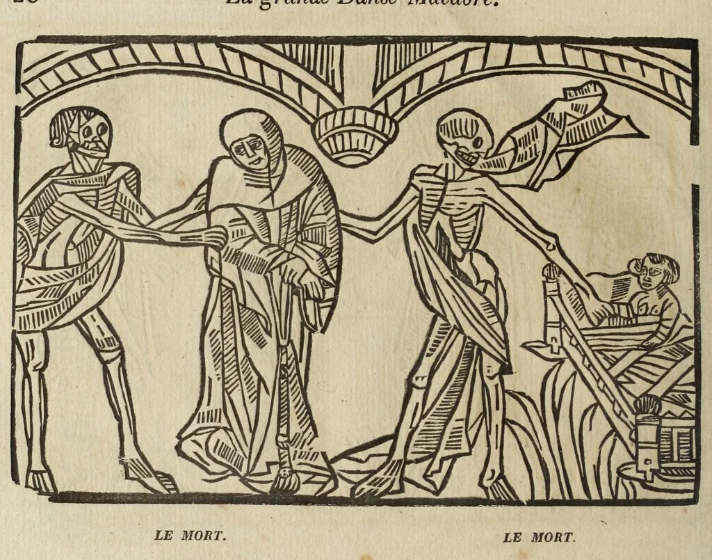 An illustration from La grande danse Macabre des hommes et des femmes : précédée du dict des trois mors et dfs trois vifz, du Débat du corps et de l'âme, et de La complaincte de l'ame dampnée, 1862, leaf 28