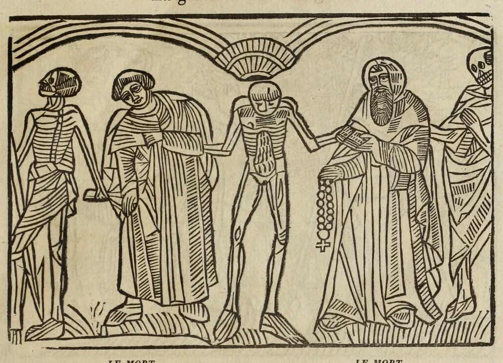 An illustration from La grande danse Macabre des hommes et des femmes : précédée du dict des trois mors et dfs trois vifz, du Débat du corps et de l'âme, et de La complaincte de l'ame dampnée, 1862, leaf 29