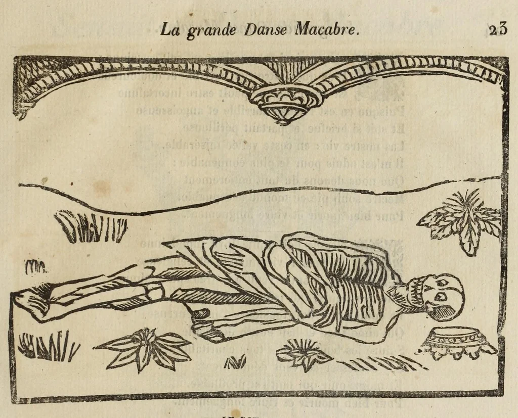 An illustration from La grande danse Macabre des hommes et des femmes : précédée du dict des trois mors et dfs trois vifz, du Débat du corps et de l'âme, et de La complaincte de l'ame dampnée, 1862, leaf 31