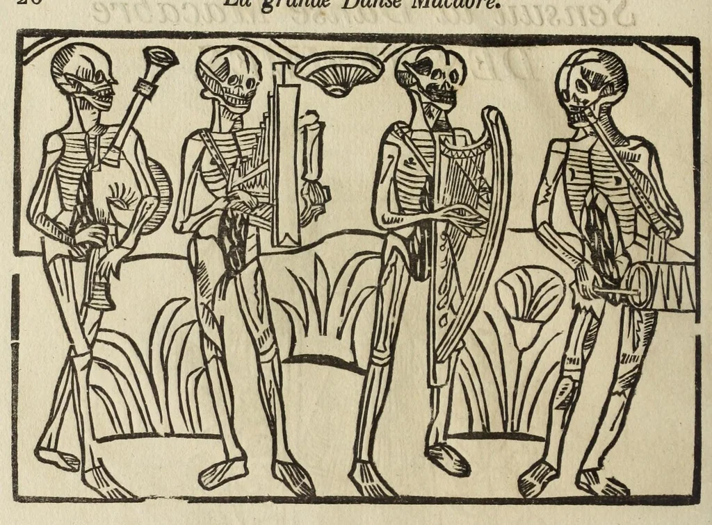 An illustration from La grande danse Macabre des hommes et des femmes : précédée du dict des trois mors et dfs trois vifz, du Débat du corps et de l'âme, et de La complaincte de l'ame dampnée, 1862, leaf 34