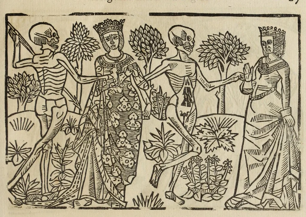 An illustration from La grande danse Macabre des hommes et des femmes : précédée du dict des trois mors et dfs trois vifz, du Débat du corps et de l'âme, et de La complaincte de l'ame dampnée, 1862, leaf 35