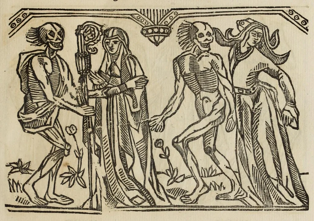 An illustration from La grande danse Macabre des hommes et des femmes : précédée du dict des trois mors et dfs trois vifz, du Débat du corps et de l'âme, et de La complaincte de l'ame dampnée, 1862, leaf 37