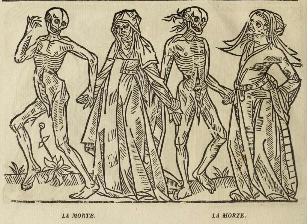 An illustration from La grande danse Macabre des hommes et des femmes : précédée du dict des trois mors et dfs trois vifz, du Débat du corps et de l'âme, et de La complaincte de l'ame dampnée, 1862, leaf 38
