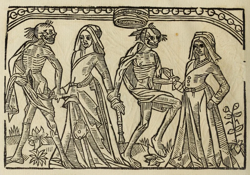 An illustration from La grande danse Macabre des hommes et des femmes : précédée du dict des trois mors et dfs trois vifz, du Débat du corps et de l'âme, et de La complaincte de l'ame dampnée, 1862, leaf 40