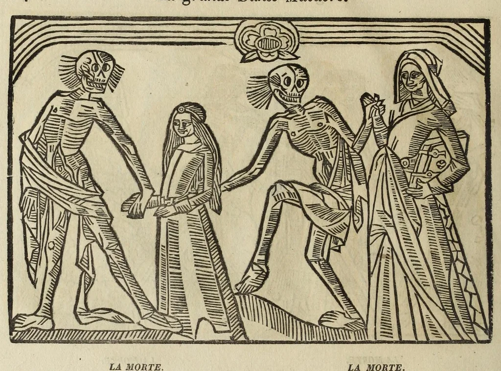 An illustration from La grande danse Macabre des hommes et des femmes : précédée du dict des trois mors et dfs trois vifz, du Débat du corps et de l'âme, et de La complaincte de l'ame dampnée, 1862, leaf 42