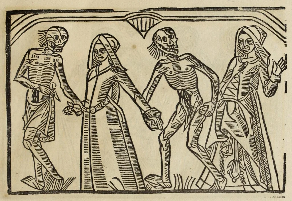 An illustration from La grande danse Macabre des hommes et des femmes : précédée du dict des trois mors et dfs trois vifz, du Débat du corps et de l'âme, et de La complaincte de l'ame dampnée, 1862, leaf 43