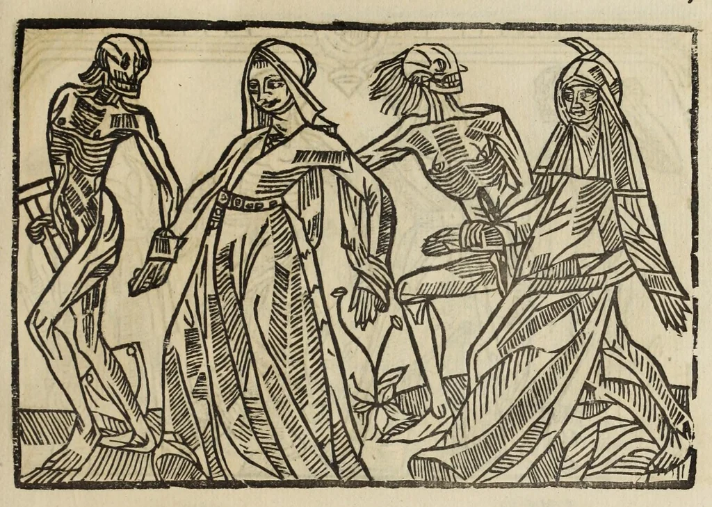 An illustration from La grande danse Macabre des hommes et des femmes : précédée du dict des trois mors et dfs trois vifz, du Débat du corps et de l'âme, et de La complaincte de l'ame dampnée, 1862, leaf 45