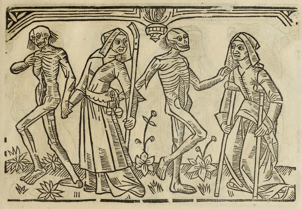 An illustration from La grande danse Macabre des hommes et des femmes : précédée du dict des trois mors et dfs trois vifz, du Débat du corps et de l'âme, et de La complaincte de l'ame dampnée, 1862, leaf 47