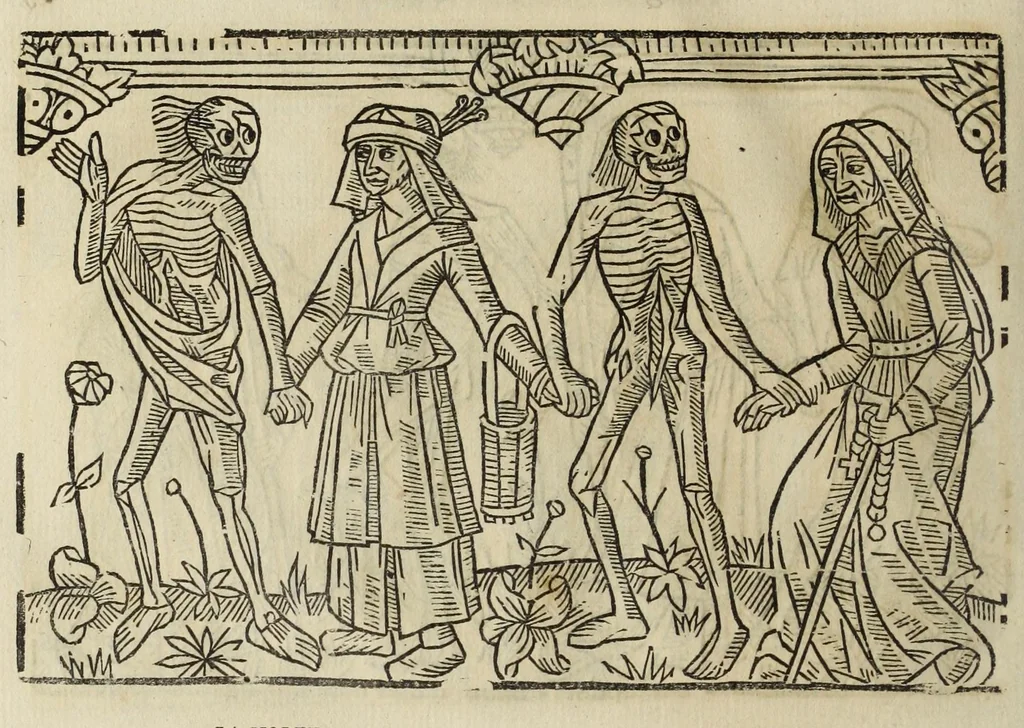 An illustration from La grande danse Macabre des hommes et des femmes : précédée du dict des trois mors et dfs trois vifz, du Débat du corps et de l'âme, et de La complaincte de l'ame dampnée, 1862, leaf 48