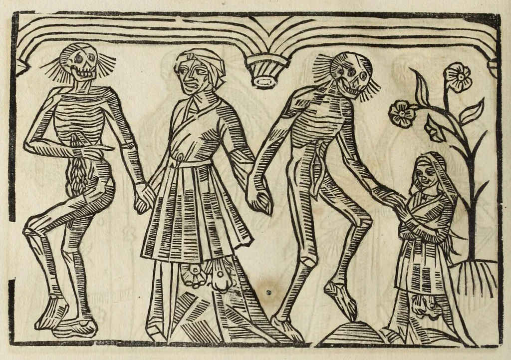 An illustration from La grande danse Macabre des hommes et des femmes : précédée du dict des trois mors et dfs trois vifz, du Débat du corps et de l'âme, et de La complaincte de l'ame dampnée, 1862, leaf 50