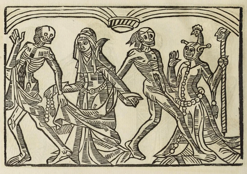 An illustration from La grande danse Macabre des hommes et des femmes : précédée du dict des trois mors et dfs trois vifz, du Débat du corps et de l'âme, et de La complaincte de l'ame dampnée, 1862, leaf 52