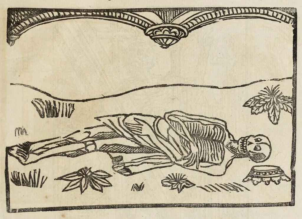 An illustration from La grande danse Macabre des hommes et des femmes : précédée du dict des trois mors et dfs trois vifz, du Débat du corps et de l'âme, et de La complaincte de l'ame dampnée, 1862, leaf 53