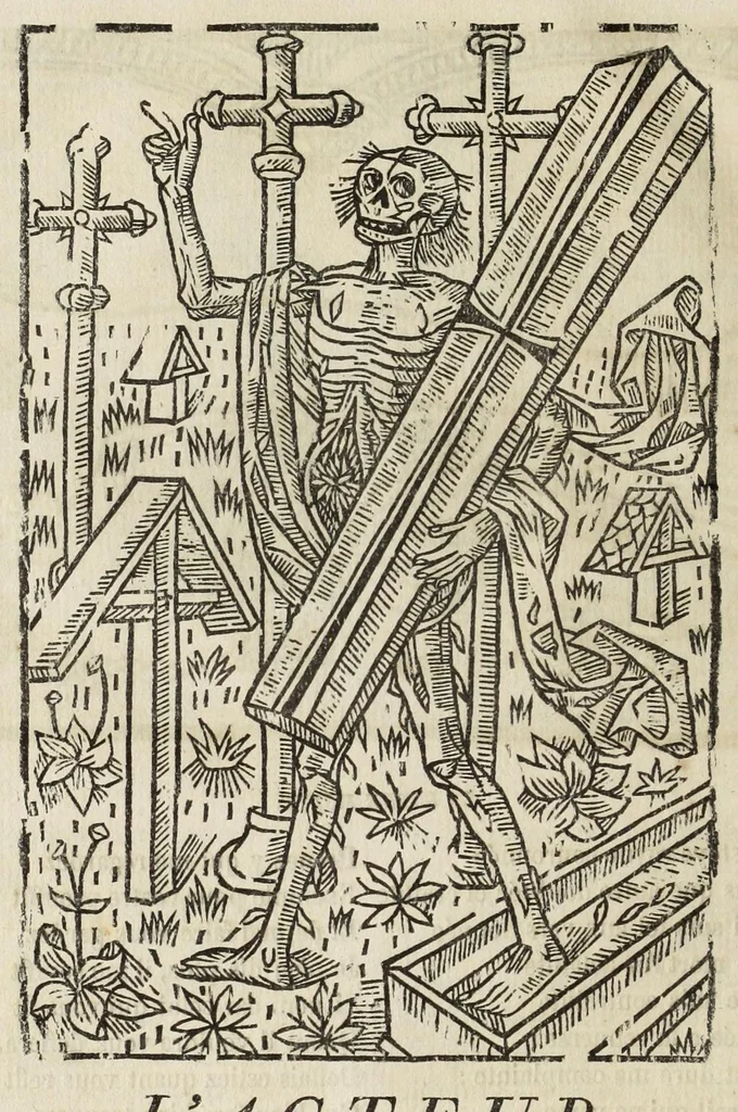 An illustration from La grande danse Macabre des hommes et des femmes : précédée du dict des trois mors et dfs trois vifz, du Débat du corps et de l'âme, et de La complaincte de l'ame dampnée, 1862, leaf 54