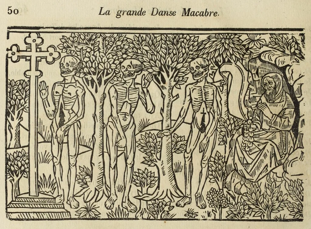 An illustration from La grande danse Macabre des hommes et des femmes : précédée du dict des trois mors et dfs trois vifz, du Débat du corps et de l'âme, et de La complaincte de l'ame dampnée, 1862, leaf 58