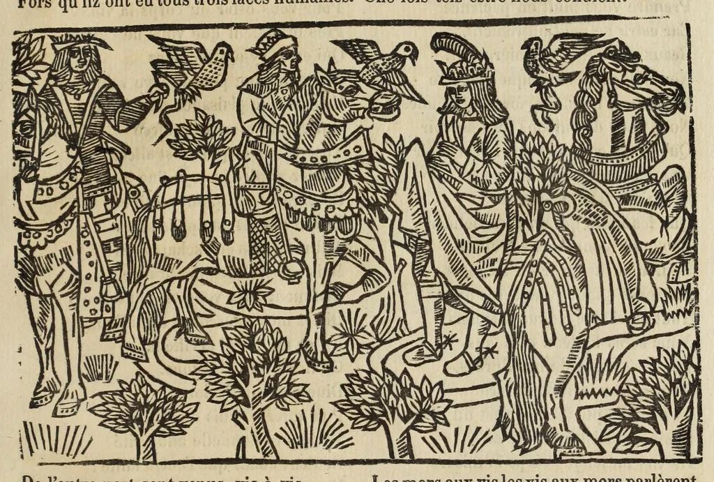 An illustration from La grande danse Macabre des hommes et des femmes : précédée du dict des trois mors et dfs trois vifz, du Débat du corps et de l'âme, et de La complaincte de l'ame dampnée, 1862, leaf 59