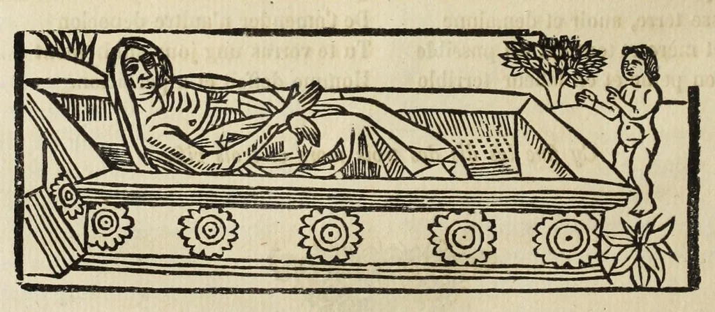 An illustration from La grande danse Macabre des hommes et des femmes : précédée du dict des trois mors et dfs trois vifz, du Débat du corps et de l'âme, et de La complaincte de l'ame dampnée, 1862, leaf 64