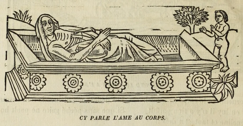 An illustration from La grande danse Macabre des hommes et des femmes : précédée du dict des trois mors et dfs trois vifz, du Débat du corps et de l'âme, et de La complaincte de l'ame dampnée, 1862, leaf 68