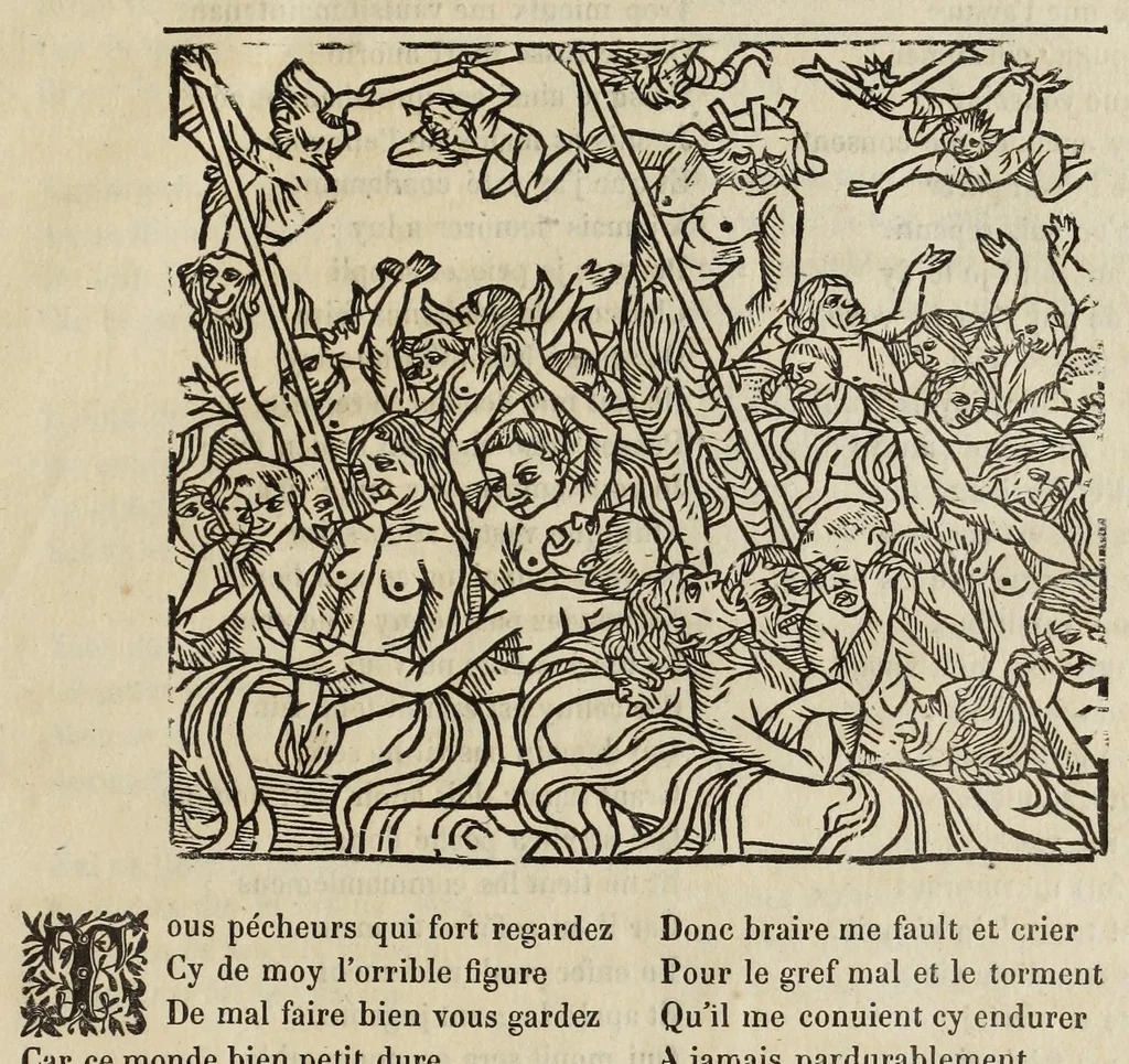 An illustration from La grande danse Macabre des hommes et des femmes : précédée du dict des trois mors et dfs trois vifz, du Débat du corps et de l'âme, et de La complaincte de l'ame dampnée, 1862, leaf 71