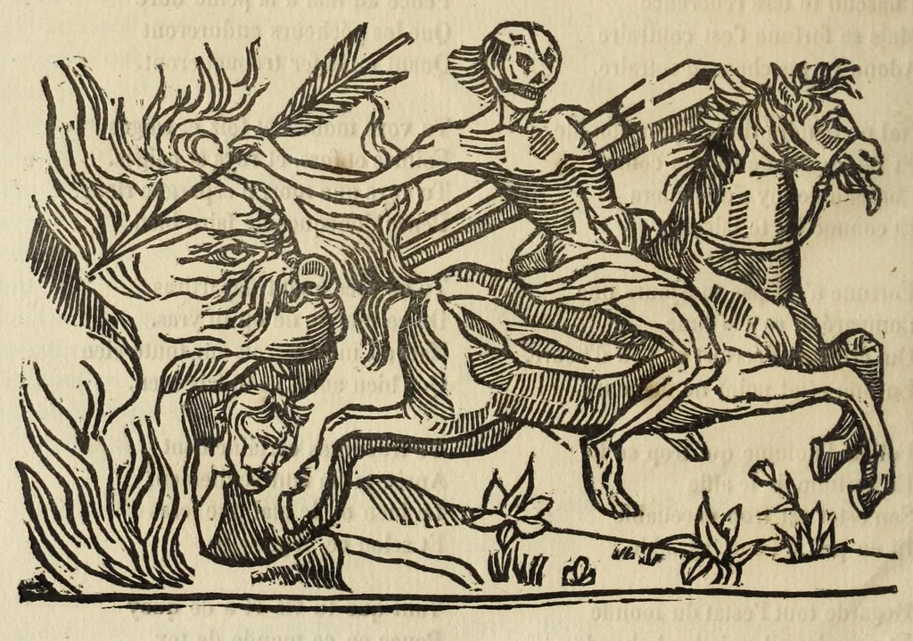 An illustration from La grande danse Macabre des hommes et des femmes : précédée du dict des trois mors et dfs trois vifz, du Débat du corps et de l'âme, et de La complaincte de l'ame dampnée, 1862, leaf 74