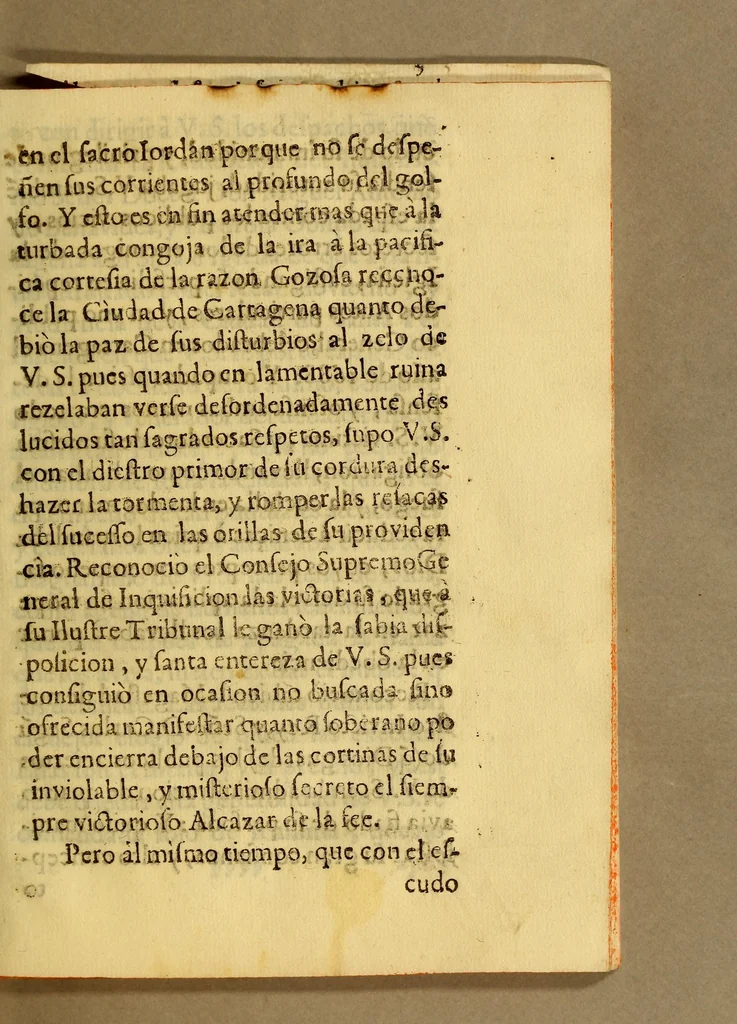 An illustration from La gran fee del centurion español: : Sermon moral que en la Capilla del Santo Oficio de la Inquisicion desta ciudad de los Reyes Lima, el primer iueues de Quaresma predico el Doct. D. Nicolas Antonio Diez de San Miguel, y Solier, doctor en sagrada theologia por esta Real Vniversidad, racionero entero desta S. Iglesia Metropolitana, examinador synodal deste arȯbispado, y calificador del Santo Oficio, en 4. de febrero de 1693:, 1695, leaf 21