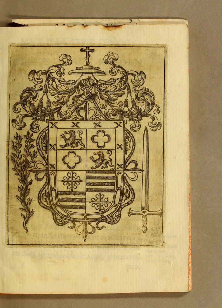 An illustration from La gran fee del centurion español: : Sermon moral que en la Capilla del Santo Oficio de la Inquisicion desta ciudad de los Reyes Lima, el primer iueues de Quaresma predico el Doct. D. Nicolas Antonio Diez de San Miguel, y Solier, doctor en sagrada theologia por esta Real Vniversidad, racionero entero desta S. Iglesia Metropolitana, examinador synodal deste arȯbispado, y calificador del Santo Oficio, en 4. de febrero de 1693:, 1695, leaf 7