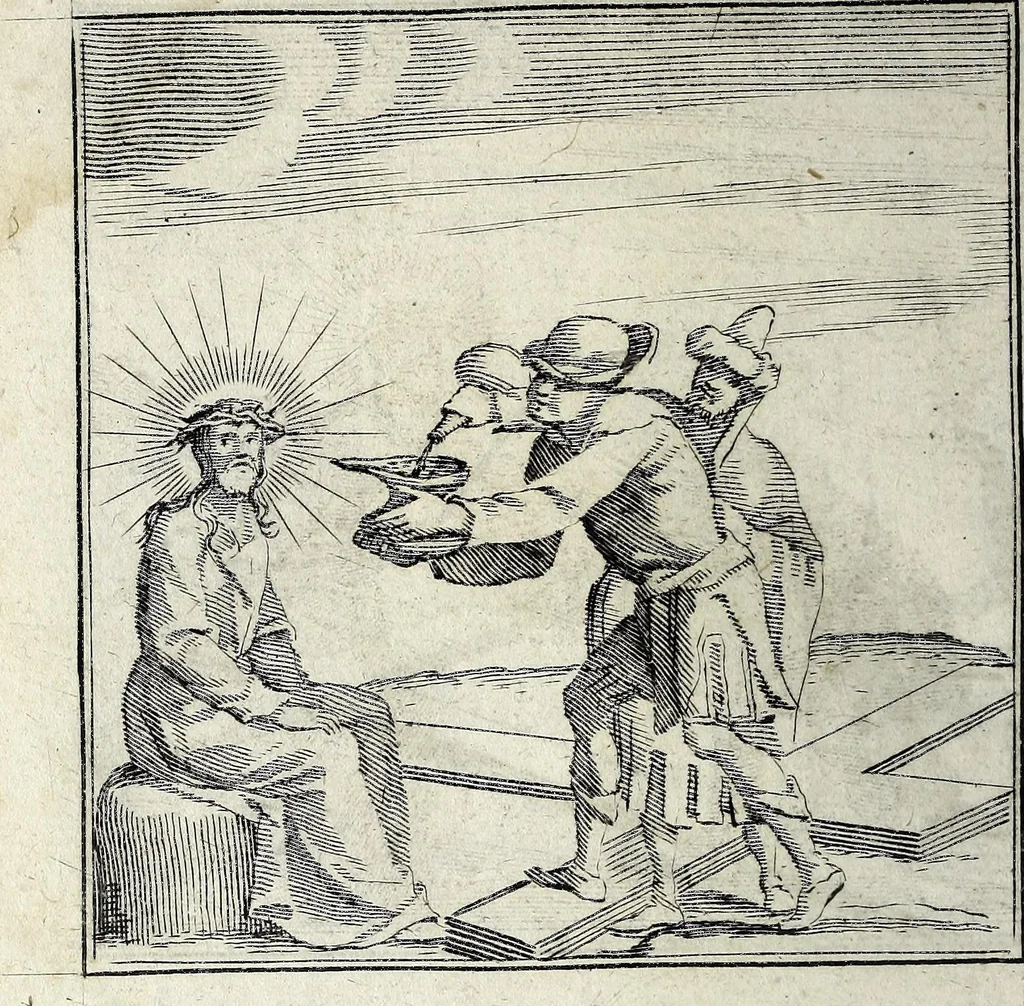 An illustration from L'agreable entretien des ames : sur 168 tableaux souscris de prieres, pour mediter les sts. misteres et pour regler nos vies et mœurs sur celles de n[ot]re sauueur Iesus Christ et de Ste. Marie sa mere, en disant le chapelet du rozaire, 1648, leaf 112