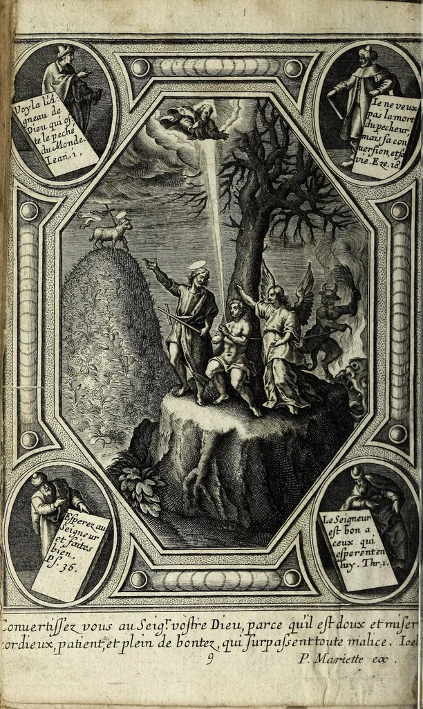 An illustration from L'agreable entretien des ames : sur 168 tableaux souscris de prieres, pour mediter les sts. misteres et pour regler nos vies et mœurs sur celles de n[ot]re sauueur Iesus Christ et de Ste. Marie sa mere, en disant le chapelet du rozaire, 1648, leaf 182