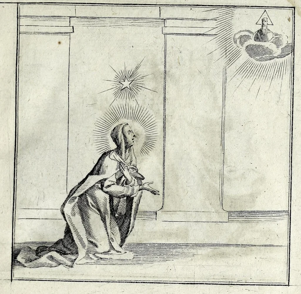 An illustration from L'agreable entretien des ames : sur 168 tableaux souscris de prieres, pour mediter les sts. misteres et pour regler nos vies et mœurs sur celles de n[ot]re sauueur Iesus Christ et de Ste. Marie sa mere, en disant le chapelet du rozaire, 1648, leaf 27