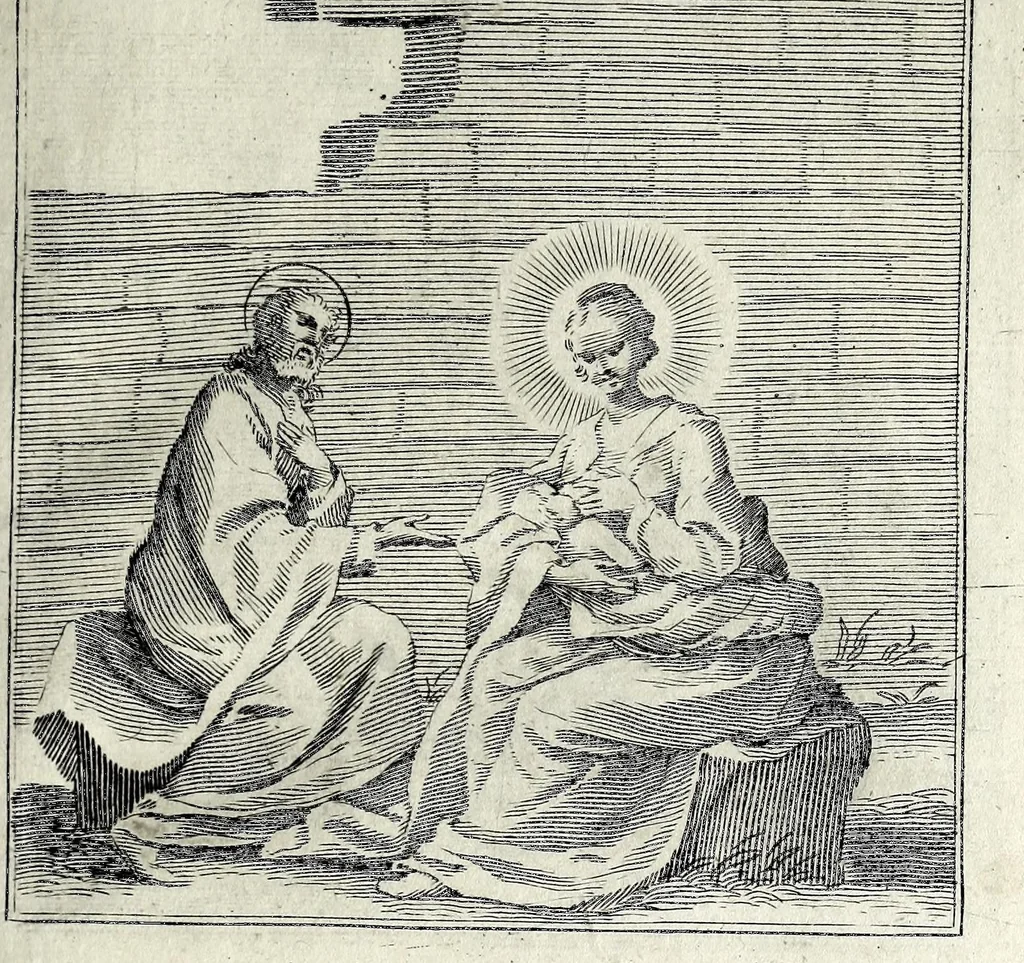 An illustration from L'agreable entretien des ames : sur 168 tableaux souscris de prieres, pour mediter les sts. misteres et pour regler nos vies et mœurs sur celles de n[ot]re sauueur Iesus Christ et de Ste. Marie sa mere, en disant le chapelet du rozaire, 1648, leaf 43